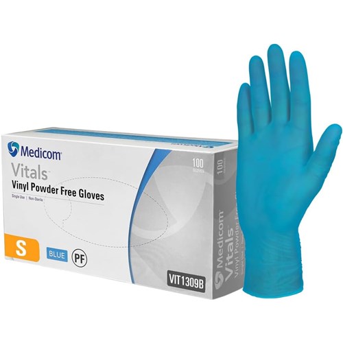 Medicom Vitals Vinyl Gloves Small Powder Free Blue Pks of 100